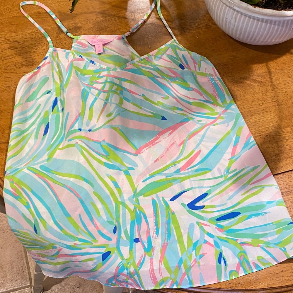 Lilly Pulitzer Pastel Tropical Leaf Cami - Pink, Green, Blue. 100 percent silk